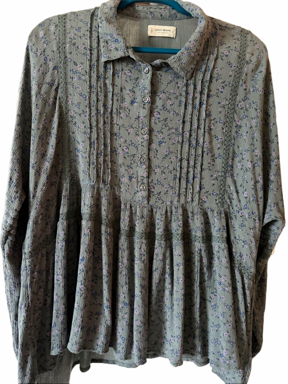 Lucky Brand Boho Chic button up dolman sleeve babydoll blouse L Ditzy floral.